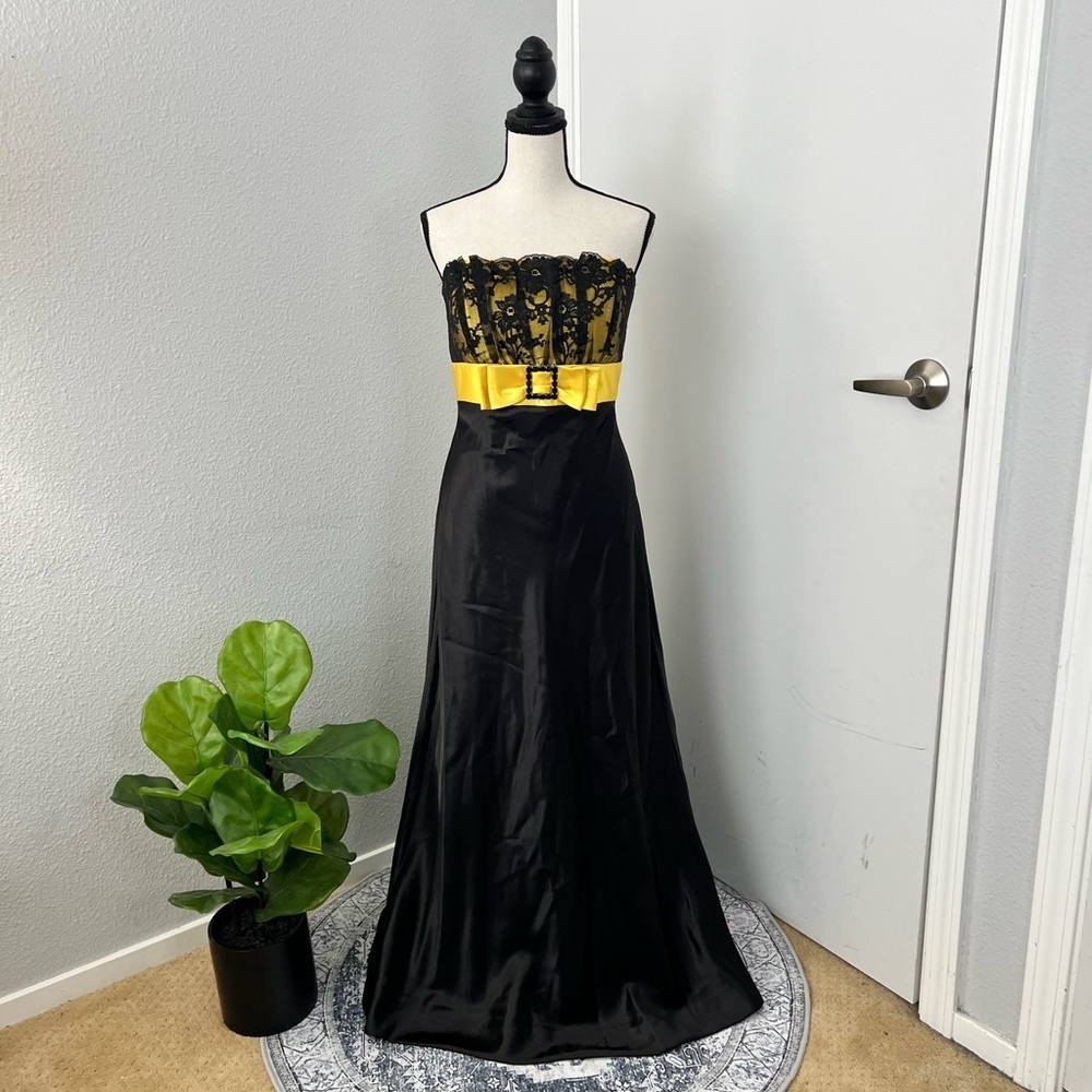 Gunne Sax x Jessica McClintock Black & Yellow Strapless Formal Dress - Size 7